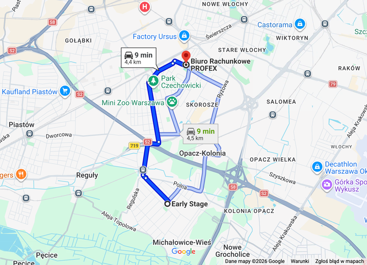 Dojazd samochodem od szkoły przy Szkolnej 15 w Michałowicach przez Raszyńską, Jesionową i Spisaka do PROFEX w Ursusie.