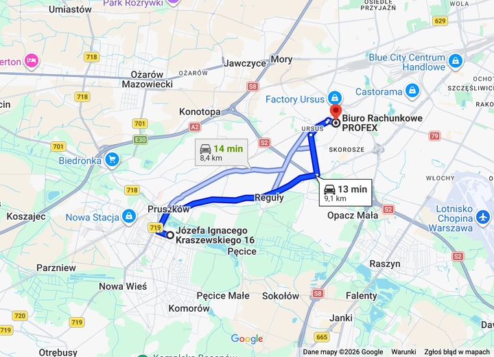 Trasa od Urzędu Miasta Pruszkowa przez Aleje Jerozolimskie, Spisaka i Kościuszki do biura PROFEX w Ursusie.