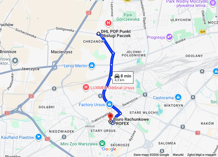 Trasa z Szeligowskiej 30 na Chrzanowie przez Lazurową i al. 4 Czerwca 1989 r. do PROFEX w Ursusie.