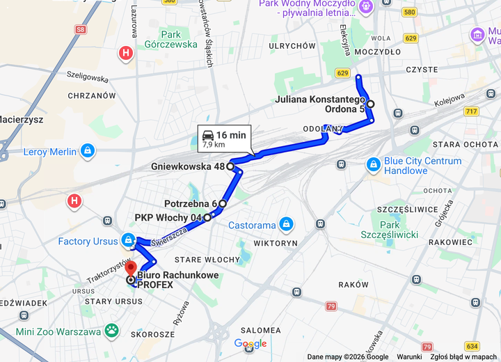 Dojazd samochodem z Ordona 5 na Odolanach przez Gniewkowską, Potrzebną i Świerszcza do biura PROFEX w warszawskim Ursusie.