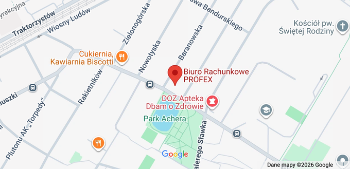Lokalizacja Biura Rachunkowego PROFEX na mapie Google: Dzieci Warszawy 48, Warszawa – Ursus, przy Parku Achera